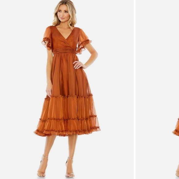 MAC DUGGAL Rust Ruffle Trim Midi Dress - Picture 1 of 14